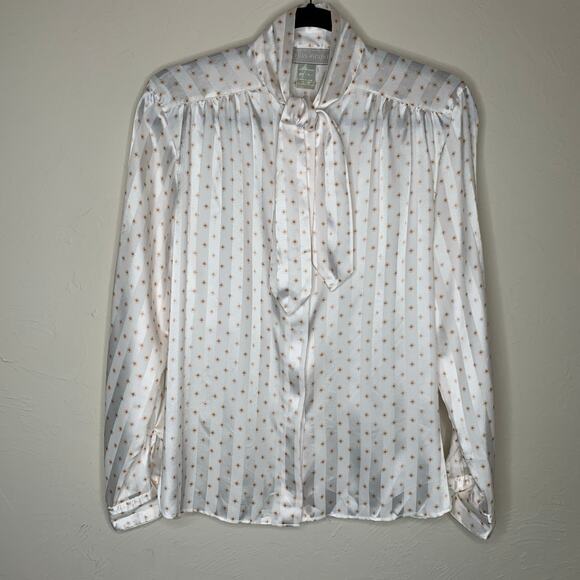 Vintage Evan Picone Blouse Cream with Small Squares Medallion Subtle Stripe Sz 8 - Picture 5 of 7